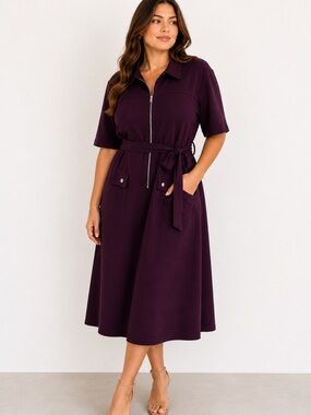 Shelby & Palmer Deep Plum Zip Dress with Tie Belt